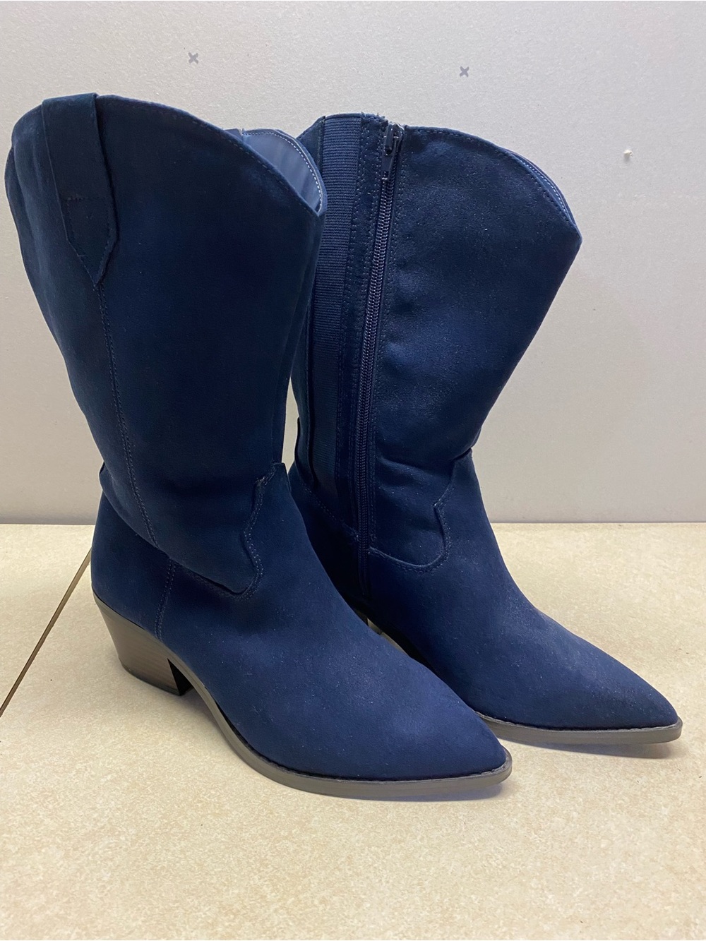 Lane Bryant Navy Suede Pointed-Toe Mid-Calf Heeled Boots with Side Zip